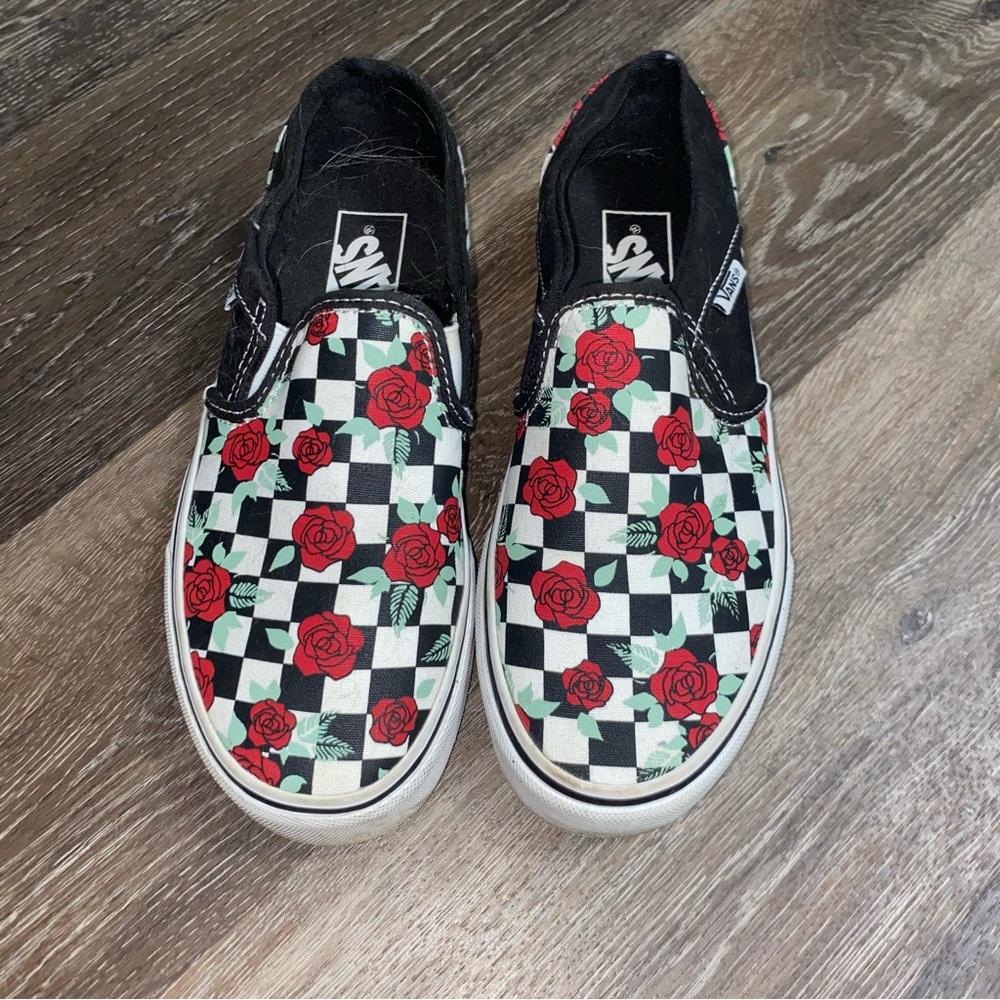 Vans Black and White Checkered Rose Slip-On Sneakers